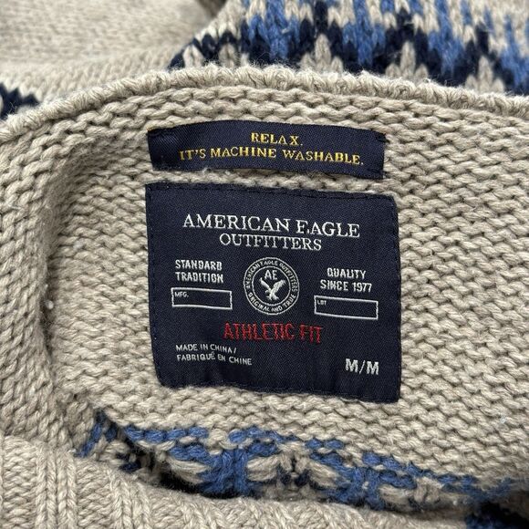 American Eagle Fair Isle Sweater Mens Medium Gray Blue Nordic Shawl Collar Knit - Picture 9 of 11